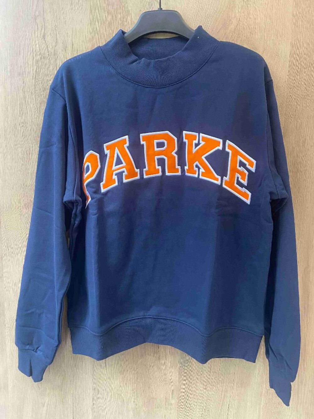 1. PARKE Collegiate Orange Letter Mock Neck Pullover Sweatshirt Navy